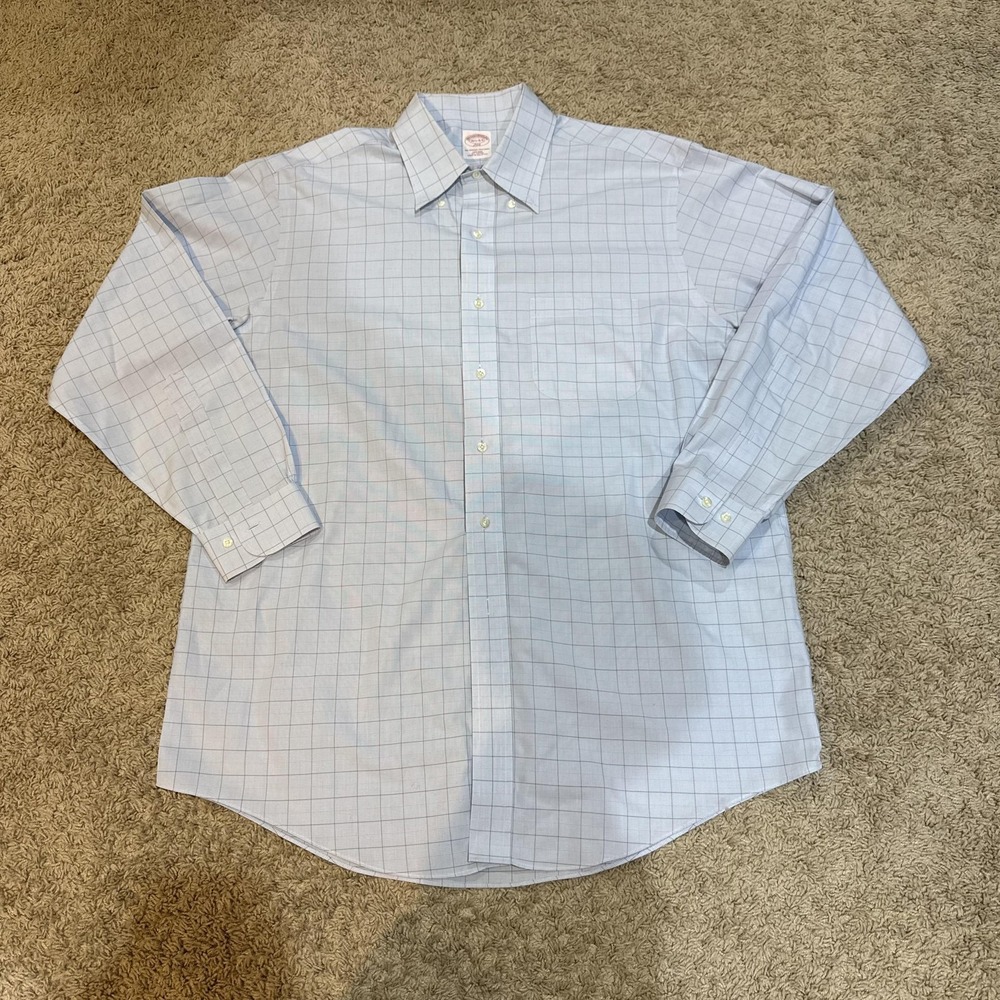 Brooks Brothers Shirt Mens 16.5 34/35 Light Blue‎ Windowpane 346 Non-Iron Cotton